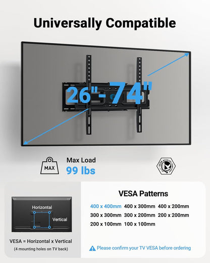 Pipishell TV Wall Mount for 26-74 inch LED LCD OLED 4K TVs up to 99lbs, Full Motion TV Mount Bracket Articulating Swivel Extension Tilting Leveling Max VESA 400x400mm, Fits 12/16 Inch Wood Studs