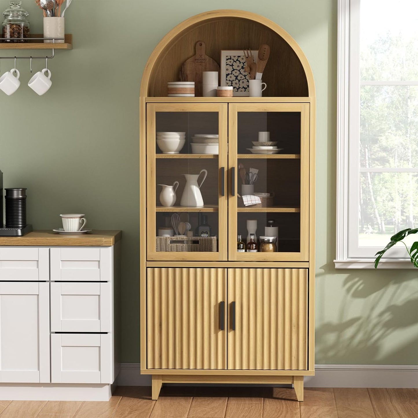 FiveWillowise Arched Cabinet with Glass Doors, 71" Tall Fluted Galss Cabinet with Solid Wood Legs, Adjustable Shelves Accent Furniture for Living Room, Kitchen, Dining Room, Entryway, Natural