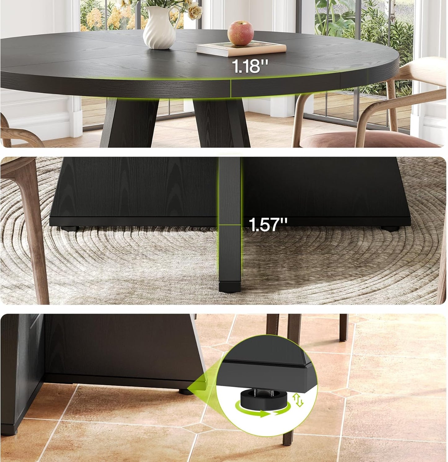 LITTLE TREE Round Dining Table for 4-6 People, 47 Inches Dining Room Table with Wooden Pedestal Base, Black Dinner Tables, Circle Kitchen Tables for Dining Room, Kitchen, Living Room