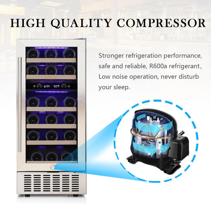COWSAR 28 Bottle Wine Fridge, Commercial Dual Zone Beverage Refrigerator, Independent Temp, LED, Under Counter Drink Wine Cooler Chiller with Stainless Steel Frame, Double-Layer Tempered Glass Door
