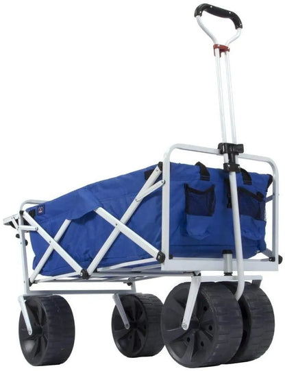 All Terrain Beach Wagon with Side Table|Heavy Duty Collapsible Folding Cart with Large Wheels for Beach Day, Picnic, Camping, Outdoor Activities | Blue/White