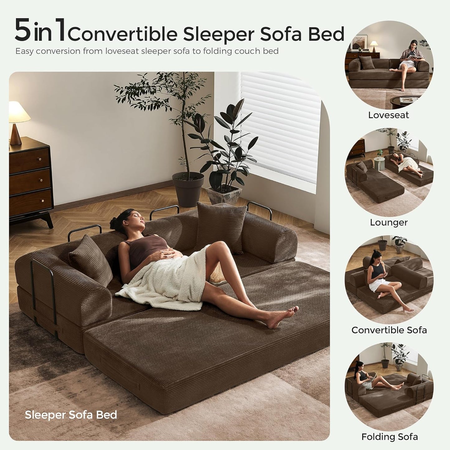 79" Convertible Sofa Bed with Fixed-Shape Frame & Removable Armrests, Modular Corduroy Sleeper Sofa, Folding Mattress Couch for Small Spaces - No Assembly Needed in Brown (Includes 2 Pillows)
