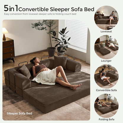 79" Convertible Sofa Bed with Fixed-Shape Frame & Removable Armrests, Modular Corduroy Sleeper Sofa, Folding Mattress Couch for Small Spaces - No Assembly Needed in Brown (Includes 2 Pillows)