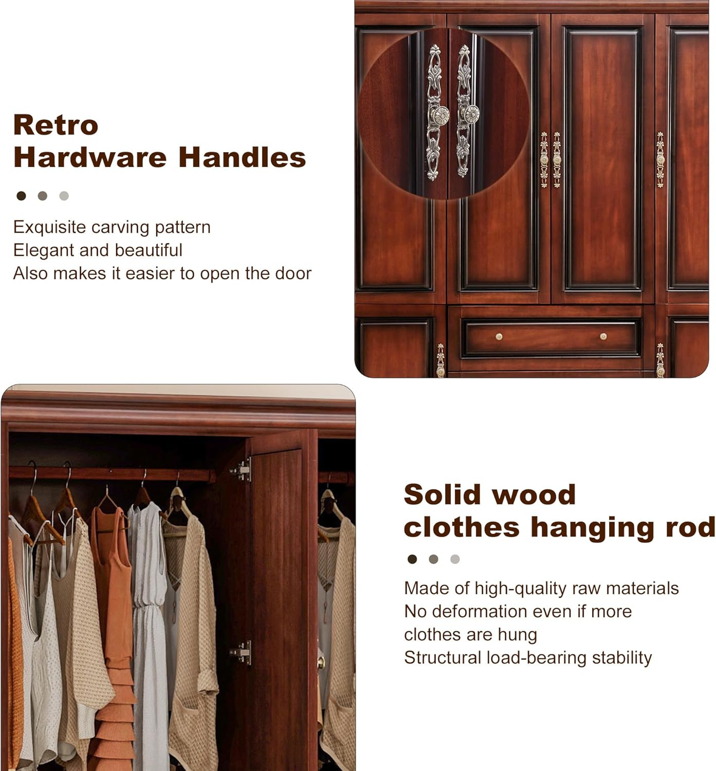 Solid Wood Armoire Wardrobe Closet with Cherry Finish, 61.42"W x 19.29"D x 70.87"H, Clothes Organizer with Shelves, Hanging Rods and 2 Drawers, American Style Freestanding Bedroom Storage