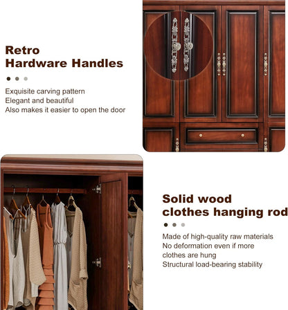 Solid Wood Armoire Wardrobe Closet with Cherry Finish, 61.42"W x 19.29"D x 70.87"H, Clothes Organizer with Shelves, Hanging Rods and 2 Drawers, American Style Freestanding Bedroom Storage