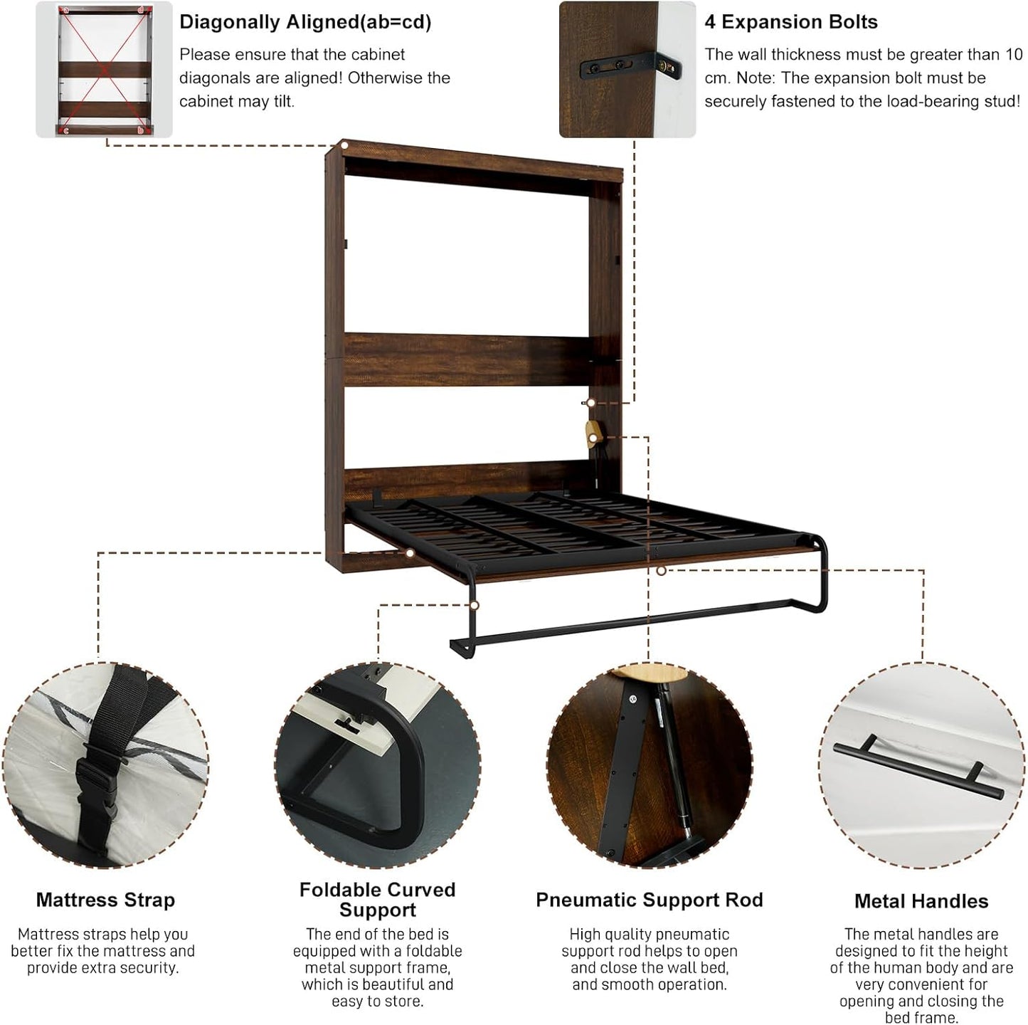 Hlivelood Queen Size Murphy Bed with 2 LED Lights, Farmhouse Wood Hidden Foldable Wall Bed Frame w/Gas Struts, Storage Bed Cabinet for Bedroom, Office, Space-Saving, No Box Spring Needed, Brown