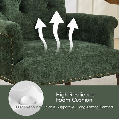 Upholstered Tufted Chenille Dining Chairs with Arms & Nailhead Trim – Solid Wood Frame & Legs, Modern Farmhouse for Dining, Kitchen & Living Room (Set of 6, Olive Green)