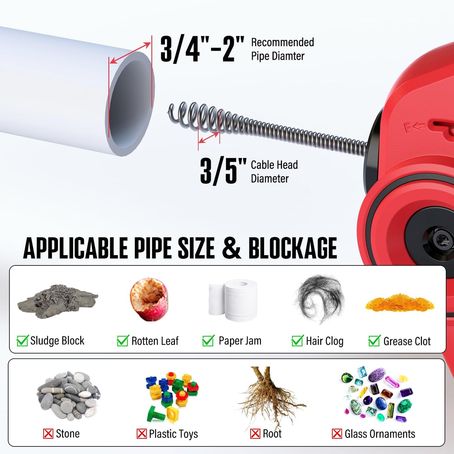 POPULO POPULO 20V Cordless Drain Auger - 25Ft Auto-Feed