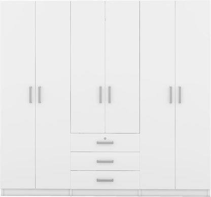 Merax Large White 6 Doors Wooden Wardrobe, Bedroom Tall Armoire Closet Organizer with Big Drawers, Hanging Rails and Shelves, Clothes Storage Cabinet for Garage & Laundry Room, White