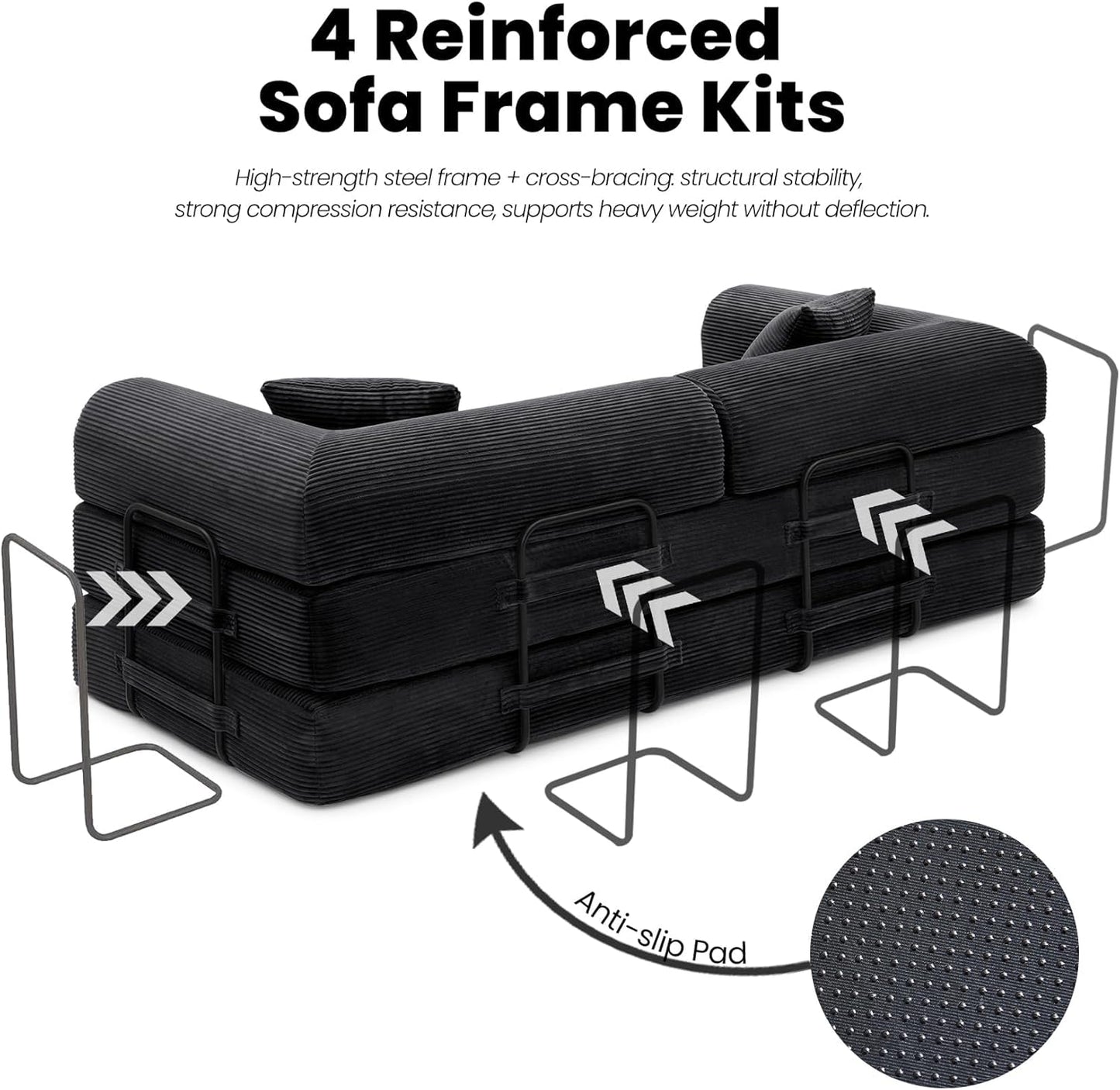 79'' Convertible Sofa Bed, 5-in-1 Folding Boneless Couch, Pull Out Floor Sleeper, Modular Lounge Sofa for Living Room Bedroom, Multi-Function Foldable Sofa (Black)