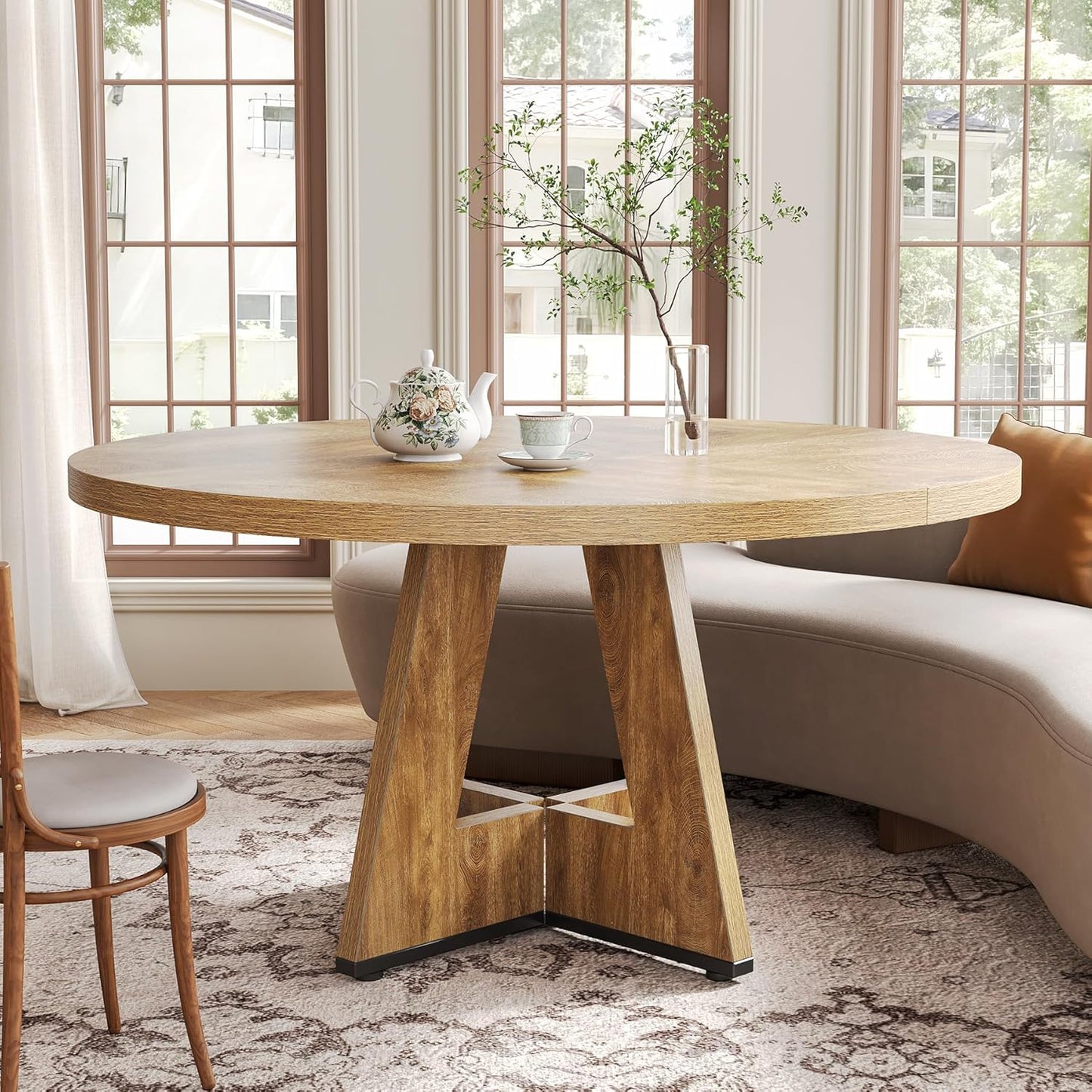 LITTLE TREE Round Dining Table for 4-6 People, 47 Inches Dining Room Table with Wooden Pedestal Base, Circle Kitchen Tables for Dining Room, Kitchen, Living Room, Oak