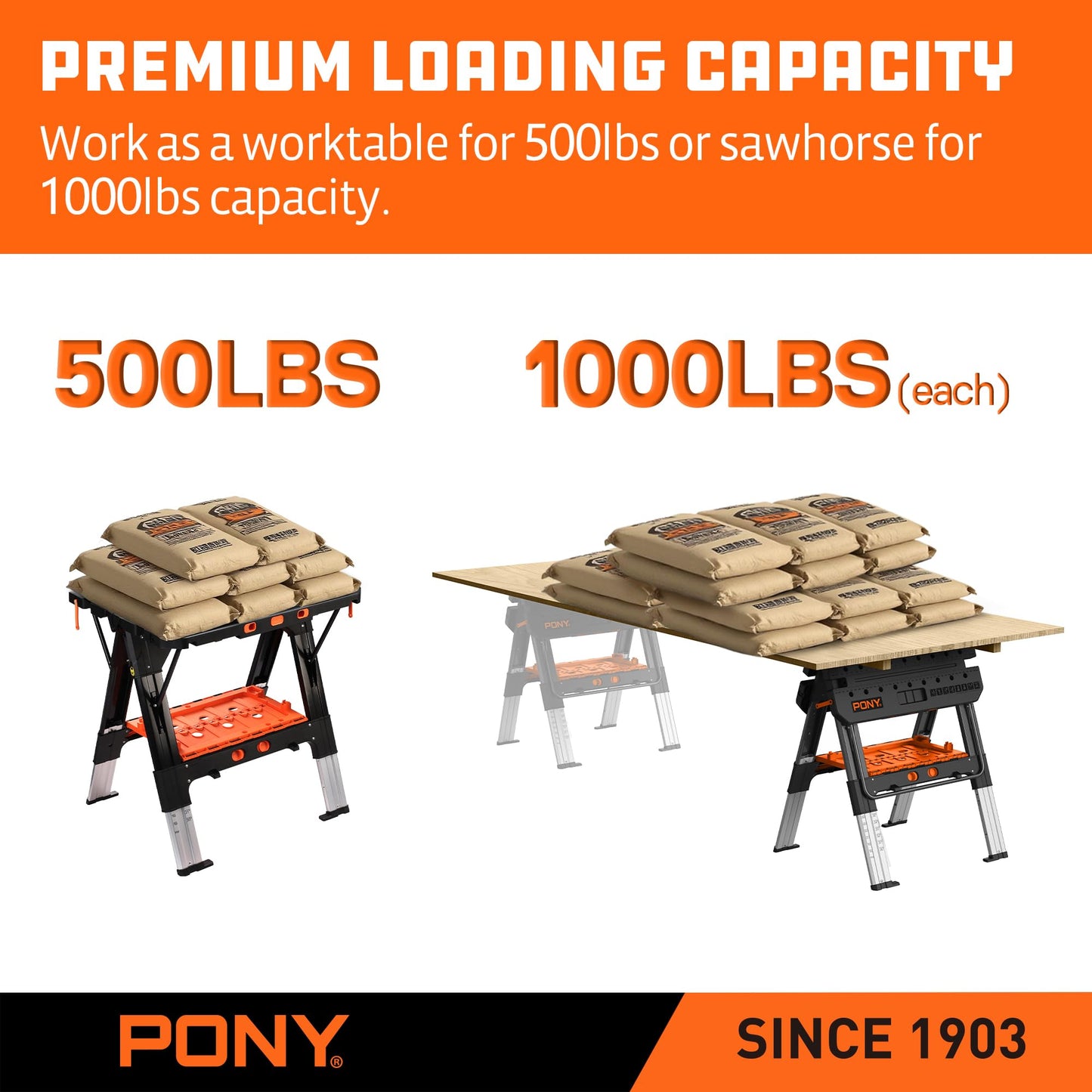 PONY Portable Folding Work Table - 2-in-1 Sawhorse & Workbench