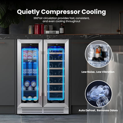 Yeego 24 Inch Wine and Beverage Cooler - 36-72°F, Holds 60 Cans & 20 Bottles Adjustable Shelves Beverage Fridge, Stainless Steel with glass Door for Built-in for Kitchen/Bar