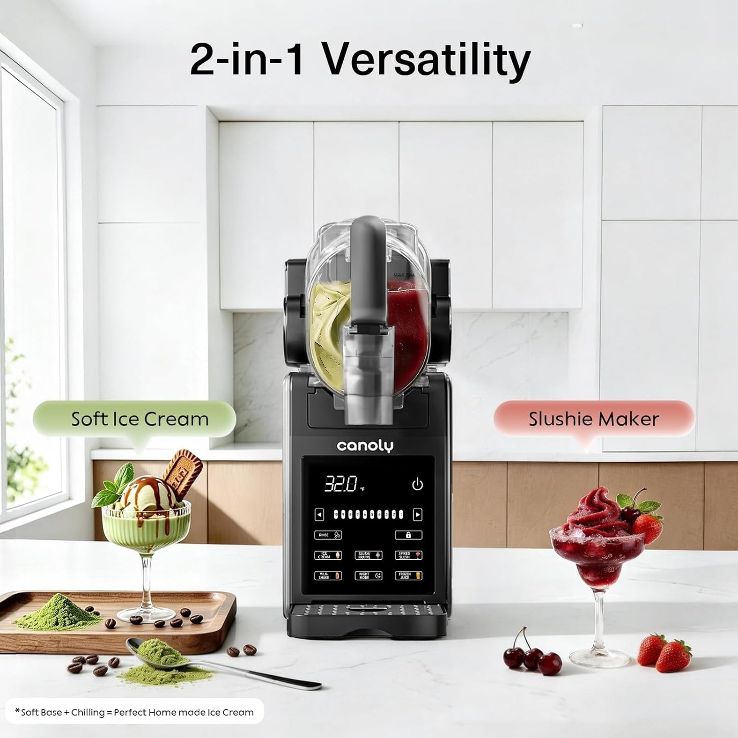 Canoly 2-in-1 Slushie & Soft Ice Cream Maker, 92oz Slushy Machine for Home, 6 Preset, Real-Time Temp Display, Auto-Clean, Frozen Margaritas Smoothie, Frappes, Milkshakes, Black