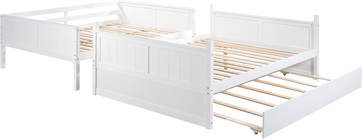 Full Over Full Bunk Bed with Trundle, Wooden Trundle Bed Frame with Ladder Safety Guardrail, Convertible to 2 Platform Beds for Kids Teens, White
