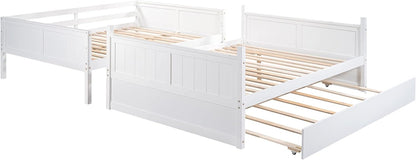 Full Over Full Bunk Bed with Trundle, Wooden Trundle Bed Frame with Ladder Safety Guardrail, Convertible to 2 Platform Beds for Kids Teens, White