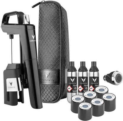 Coravin Timeless Six Plus Wine Preservation System - By-the-Glass Wine Saver - With 3 Pure Argon Gas Capsules, 6 Screw Caps & Wine Aerator - Piano Black