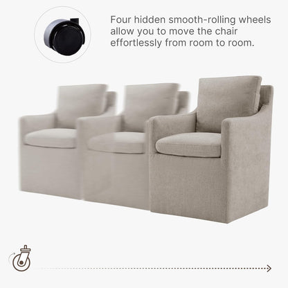 KISLOT Upholstered Dining Chairs with Casters, No Assembly Modern Accent Armchair with Rollers for Dining Room, Bedroom, Living Room, Reading Room, Already Assembled, White, 1 Box