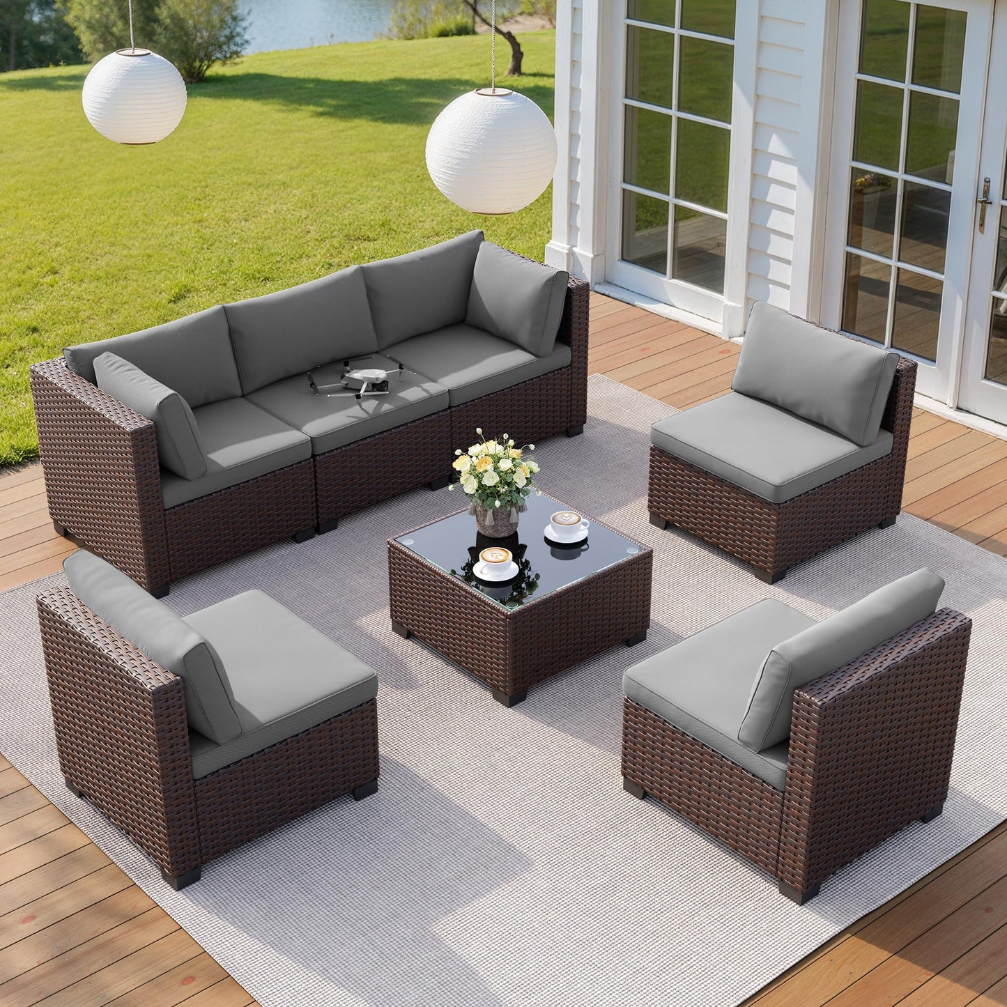 QSUN 7 Pieces Outdoor Patio Wicker Furniture Set, Grey