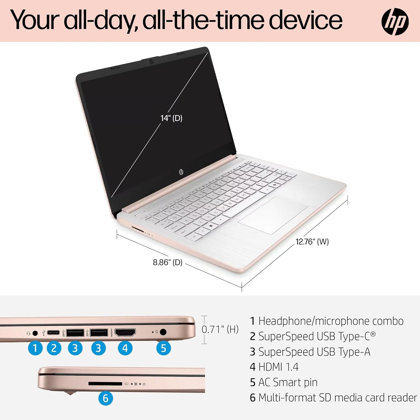 HP Flagship 14" Laptop Computer for 2026 Student Business, Win 11 Pro, Copilot AI, Intel CPU Up to 2.8GHz, 8GB RAM, 628GB Storage (128GB SSD+500GB Ext), Wi-Fi 6, HubxcelAccessory, MS Office, Rose Gold