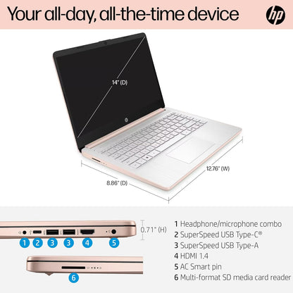 HP Flagship 14" Laptop Computer for 2026 Student Business, Win 11 Pro, Copilot AI, Intel CPU Up to 2.8GHz, 8GB RAM, 628GB Storage (128GB SSD+500GB Ext), Wi-Fi 6, HubxcelAccessory, MS Office, Rose Gold