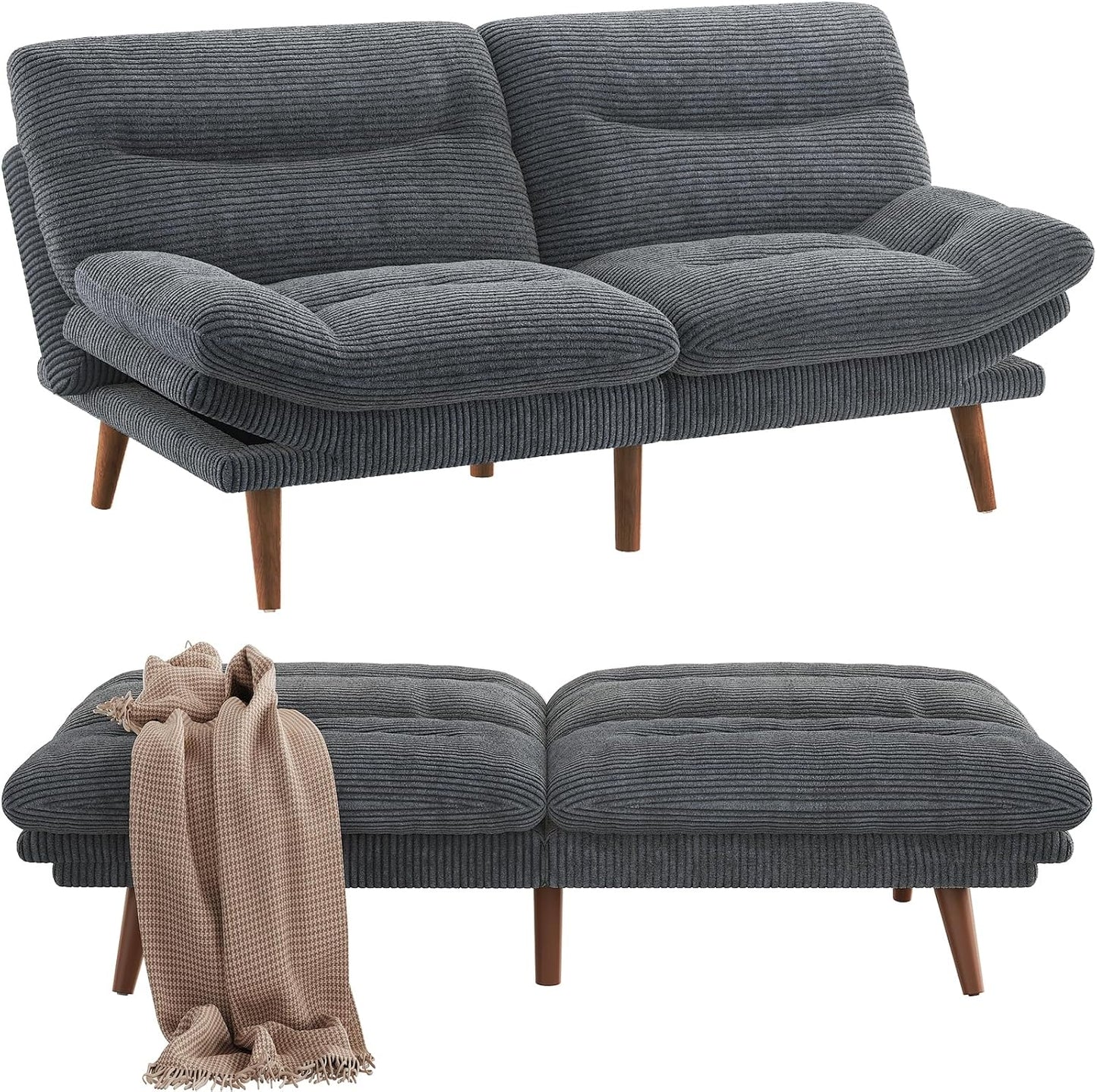 Pipishell Futon Sofa Bed, 66 Inch Corduroy Futon Couch Convertible with Adjustable Backrest and Armrests, Recliner Sleeper Sofa for Small Spaces, Living Room, Office, Guest Room (Grey, 66 Inch)