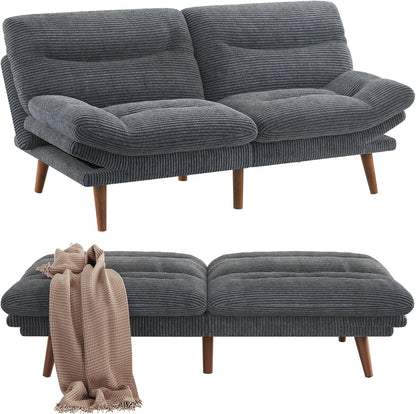 Pipishell Futon Sofa Bed, 66 Inch Corduroy Futon Couch Convertible with Adjustable Backrest and Armrests, Recliner Sleeper Sofa for Small Spaces, Living Room, Office, Guest Room (Grey, 66 Inch)