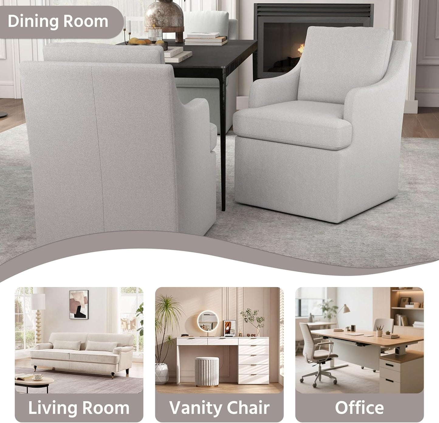 VKNOW Upholstered Dining Chairs Set of 4, Modern Kitchen Chairs Dinner Chairs with 4 Casters, Chenille Armchair for Bedroom Reading Room Living Room, Light Grey