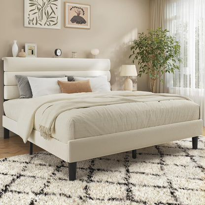 Fluest Queen Bed Frame, Platform Bed Frame with Velvet Upholstered Headboard, No Box Spring Needed, Sturdy Metal Support, Noise Free, Easy Assembly, Modern Bedroom Furniture, Beige