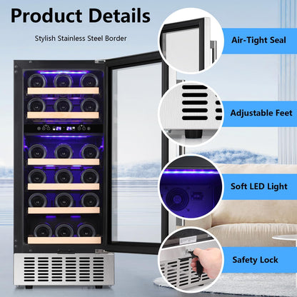 Antarctic Star Wine Fridge,15 Inch Wine Cooler Refrigerator Under Counter(41-68°F),28 Bottles Built-in Dual Zone &Freestanding Wine Refrigerator with Stainless Steel & Double-Layer Tempered Glass Door