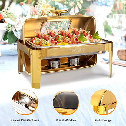 ROVSUN 9QT 3 Pack Roll Top Chafing Dish Buffet Set, Rectangular NSF Stainless Steel Buffet Warmer Chafers with Thick Frame for Catering Events Parties Weddings Dinners, Gold