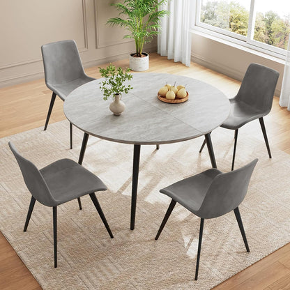 HIPIHOM 43.3"-59.1" Extendable Dining Table Set with Metal Legs, Wooden Round Kitchen Table for 4-6 Person, Gray Coffee Table w/Easy-Clean Tabletop