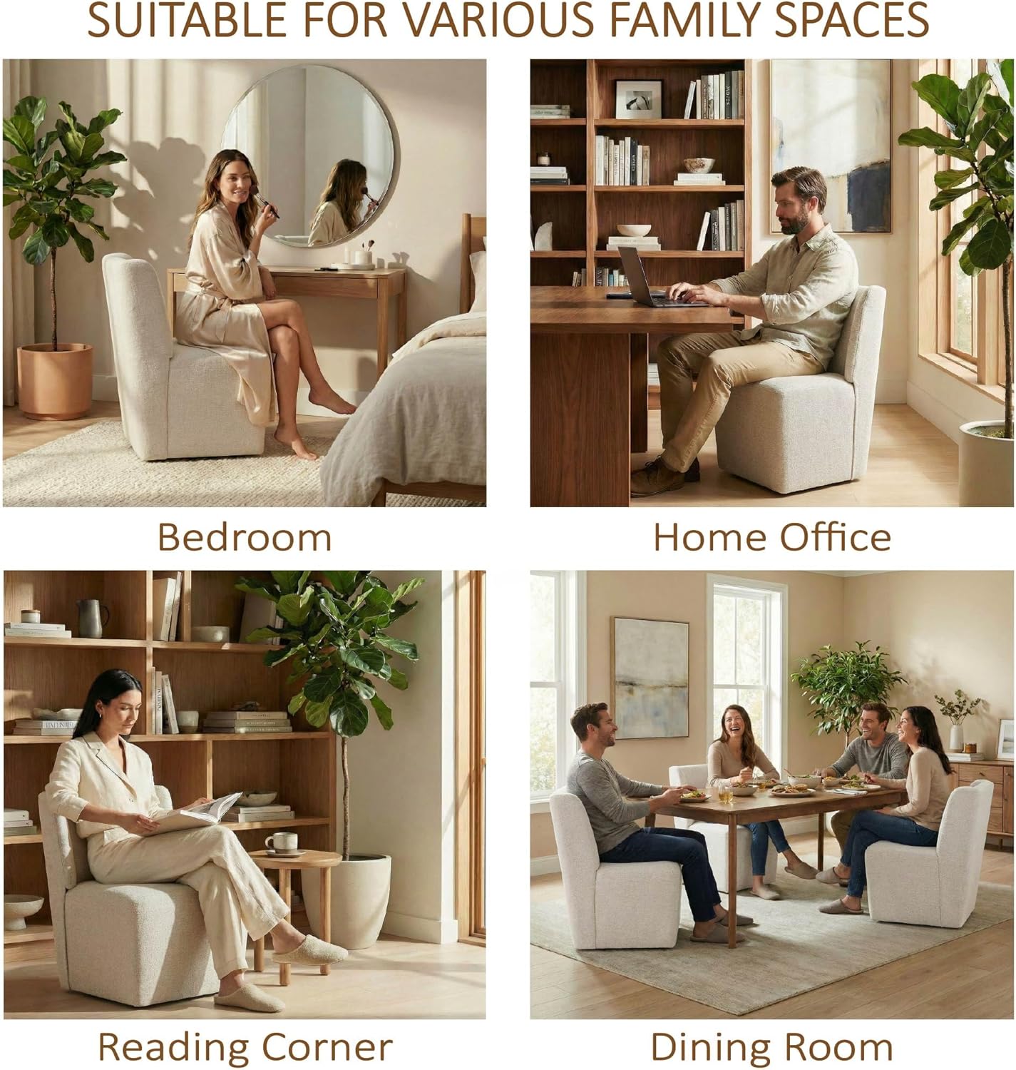 KISLOT Upholstered Dining Chairs Set of 4 with Casters, Wingback Modern Side Armless Deskchair with Rollers for Diningroom Bedroom Livingroom Reading Room, Linen Fabric