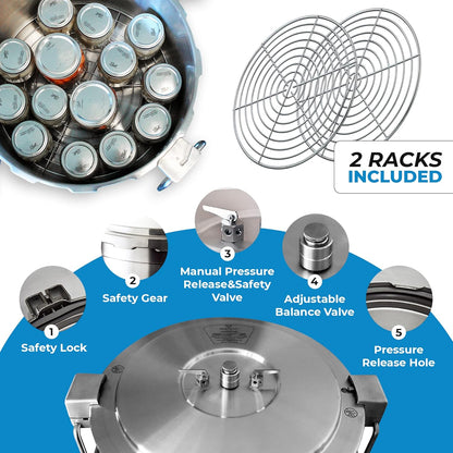 Buffalo 37 Quart Stainless Steel Pressure Cooker Extra Large Canning Pot with Rack and Lid for Commercial Use - Easy to Clean Stove Top Pressure Canner, Can Cooker - Safety Goods Certificate QCP435