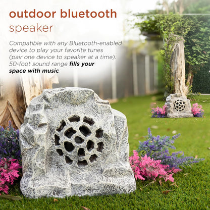 Alpine Corporation 11" Weather-Resistant Solar Bluetooth Outdoor Speakers, Wireless Rock Look Finish 50-Foot Range Audio, Set of 2 - Beige