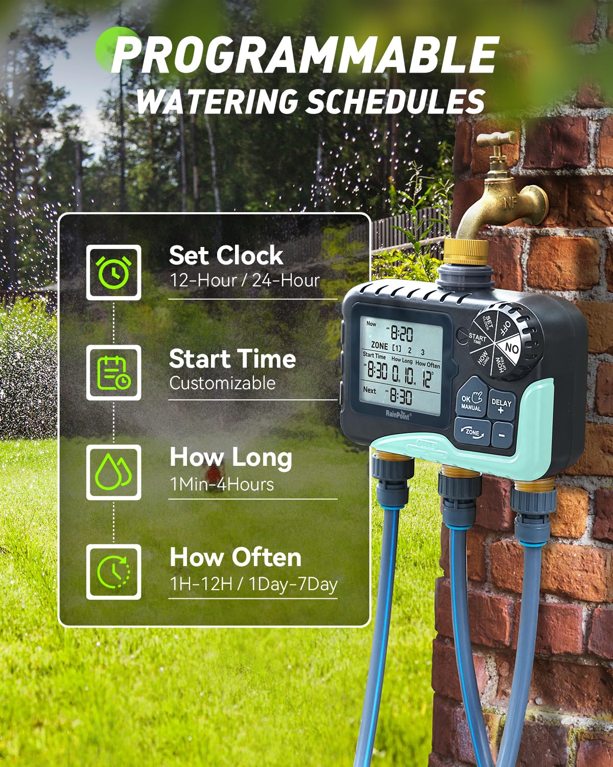RAINPOINT 3 Zone Water Timer with Brass Inlet & Outlet
