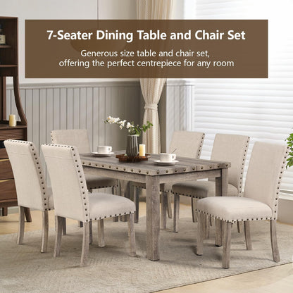 Morden Fort Rustic Dining Table Set for 6, Farmhouse Kitchen Dining Chairs for 6, Charming 60" Rectangular Wooden Table&6 Upholstered Chair with Nailhead Accents for Dining Hub,Breakfast Nook