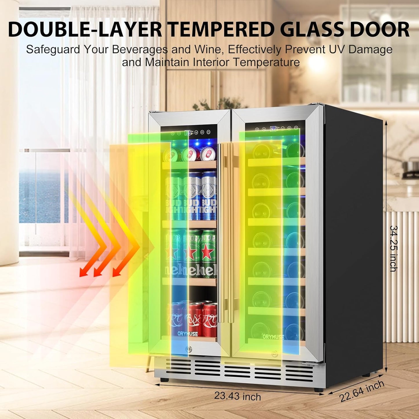 ORYMUSE 24 Inch Dual Zone Wine and Beverage Refrigerator, Built-in or Freestanding Cooler with French Doors, Under Counter Drink Fridge with Upgraded Compressor for Beer, Wine, and Soda