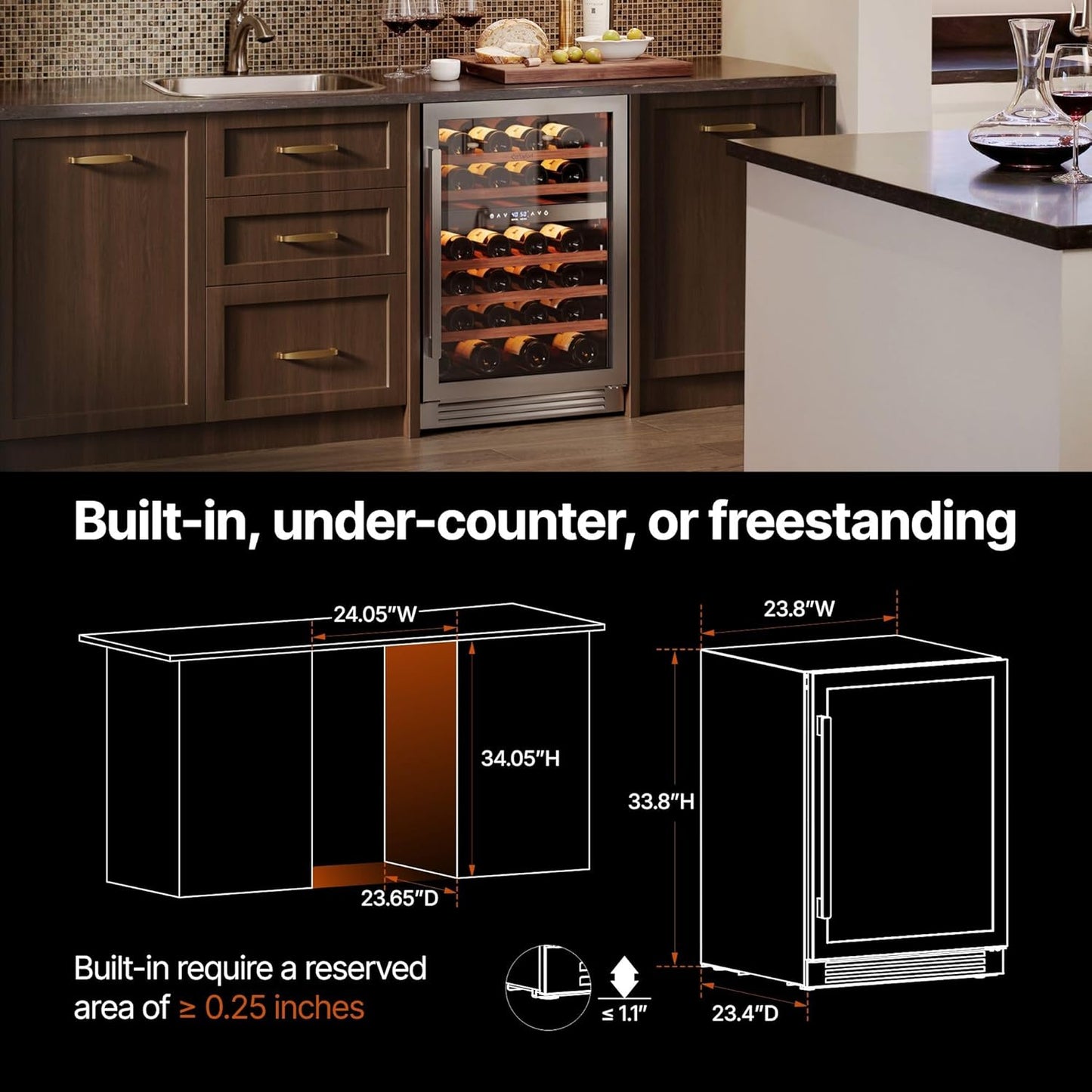 Ca'Lefort 24 Inch Wine Fridge, 52 Bottles Dual Zone 40-65°F Wine Cooler, Adjustable Shelves & 3 LED Light, Wine Refrigerator with Glass Door, Built-in Under Counter Freestanding for Home/Kitchen/Bar
