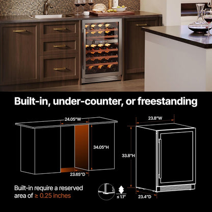 Ca'Lefort 24 Inch Wine Fridge, 52 Bottles Dual Zone 40-65°F Wine Cooler, Adjustable Shelves & 3 LED Light, Wine Refrigerator with Glass Door, Built-in Under Counter Freestanding for Home/Kitchen/Bar