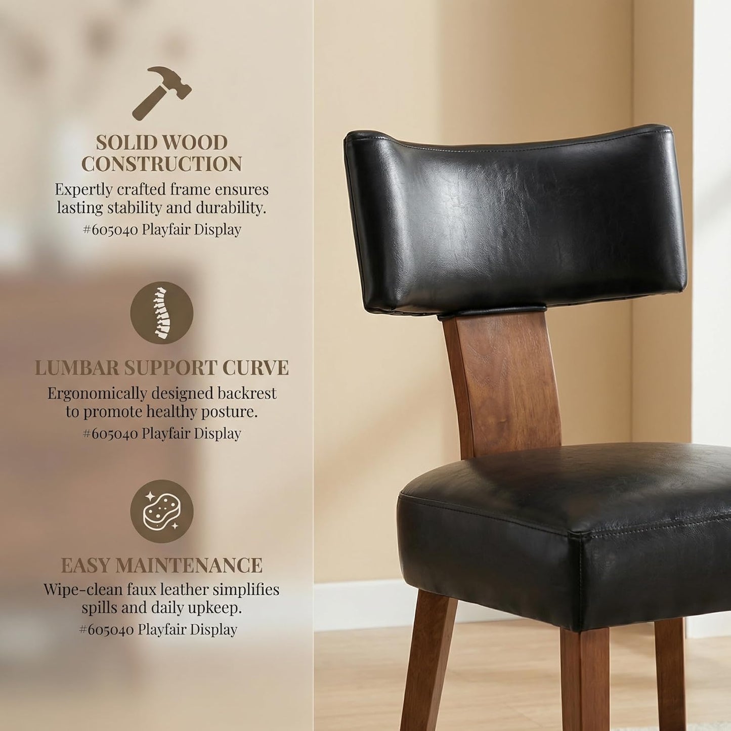 HNY Mid Century Modern Dining Chairs Set of 2, Farmhouse PU Leather Upholstered Accent Chair Curved Backrest Kitchen Chairs, with Hardwood Frame, Black