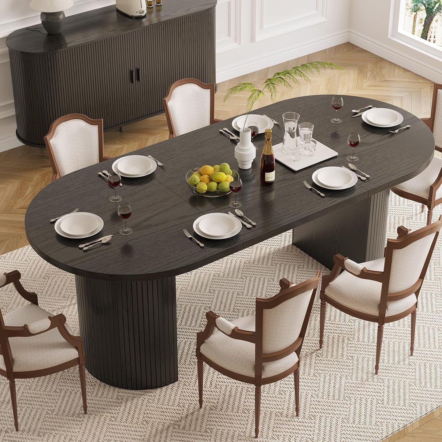 ONBRILL 70.8 Inch Dining Table for 4-6, Oval Dining Room Table with Curved Fluted Wood Strip Base, Mid-Century Modern Kitchen Tables with Footpads, Dinner Tables for Living Room, Dining Room, Black