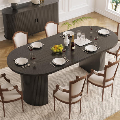 ONBRILL 70.8 Inch Dining Table for 4-6, Oval Dining Room Table with Curved Fluted Wood Strip Base, Mid-Century Modern Kitchen Tables with Footpads, Dinner Tables for Living Room, Dining Room, Black