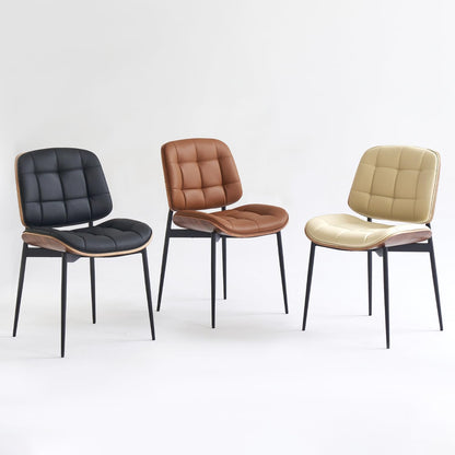 GrandNoor Mid Century Modern Dining Chairs with Walnut Grain Back, Black Faux Leather Dining Room Chairs Set of 2, Checkered Soft Cushion Kitchen Chairs with Adjustable Foot Pads