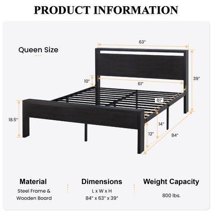 SHA CERLIN 14 Inch Queen Metal Bed Frame with Wooden Headboard