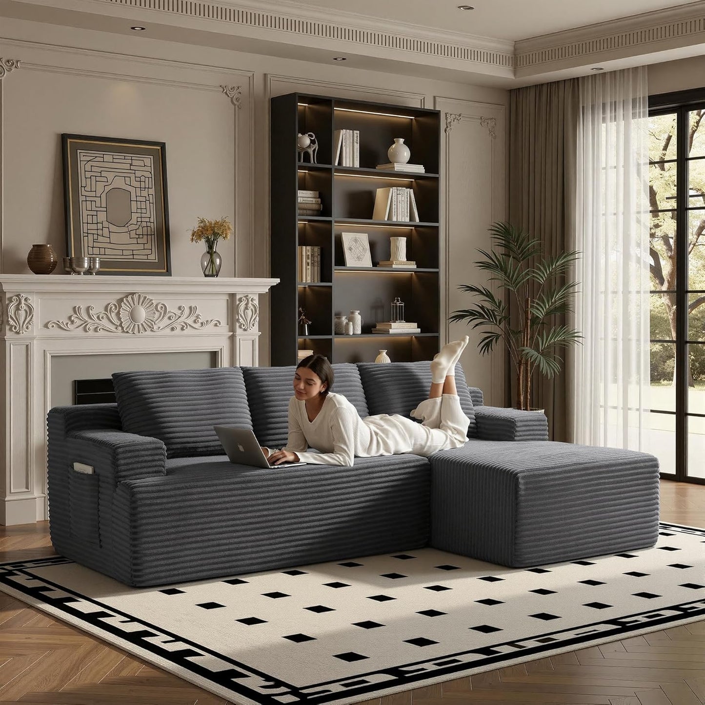 96" Sectional Couches for Living Room Cloud Couch Sofa with L-Shape Upholstered Boneless Couchs Modern Modular Sectional Couch with Chaise (Dark Grey, 96" W+Right Facing Chaise+2Seaters)