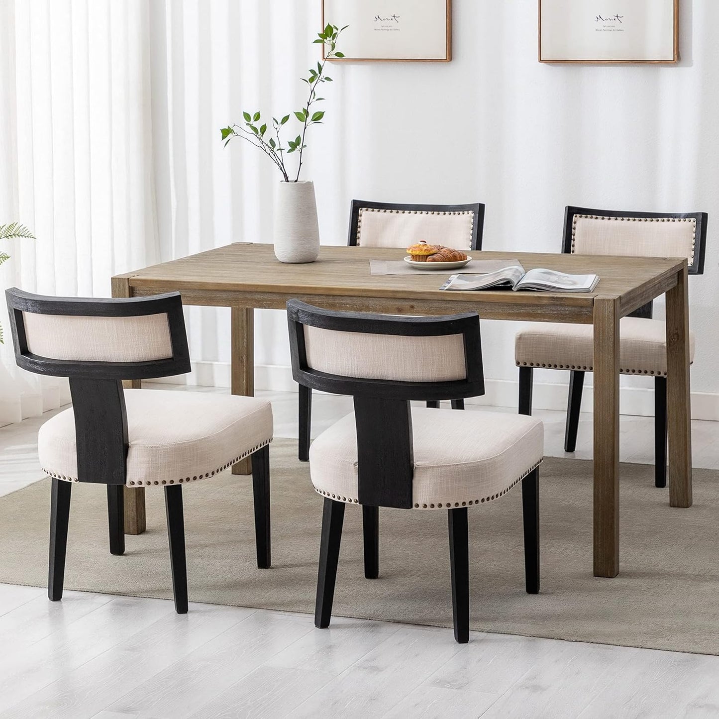 RIVOVA Mid Century Modern Dining Chairs Set of 6 Linen Fabric Upholstered Kitchen Side Chairs with Nailhead Trim, Modern Kitchen Armless Solid Wood Dining Chairs, Beige