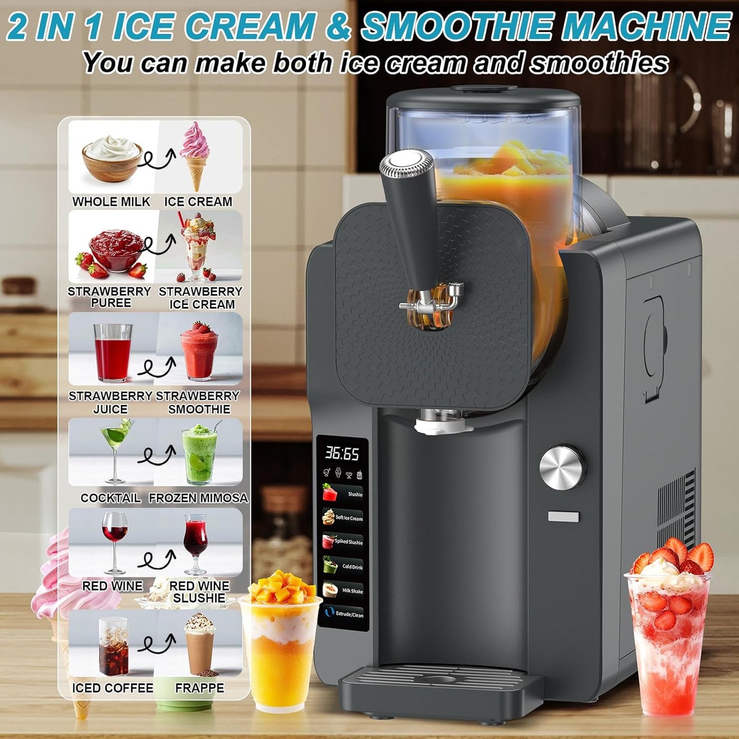 Ice Cream Maker, Slushie Machine for Home, Slushy Machine 70 oz Margarita Machine with 6 Preset Programs for Ice Cream, Milkshake, Cocktail, Frappés, 9-level Adjustable Thickness, Gray