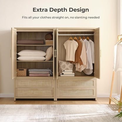 SICOTAS Larger Armoire Wardrobe Closet, 71" Tall Rattan Freestanding Wardrobe Closet Cabinet with Storage and 2 Drawers, Boho Armoire Clothes Organizer with Hanging Rod for Bedroom, Light Oak (2 PCS)