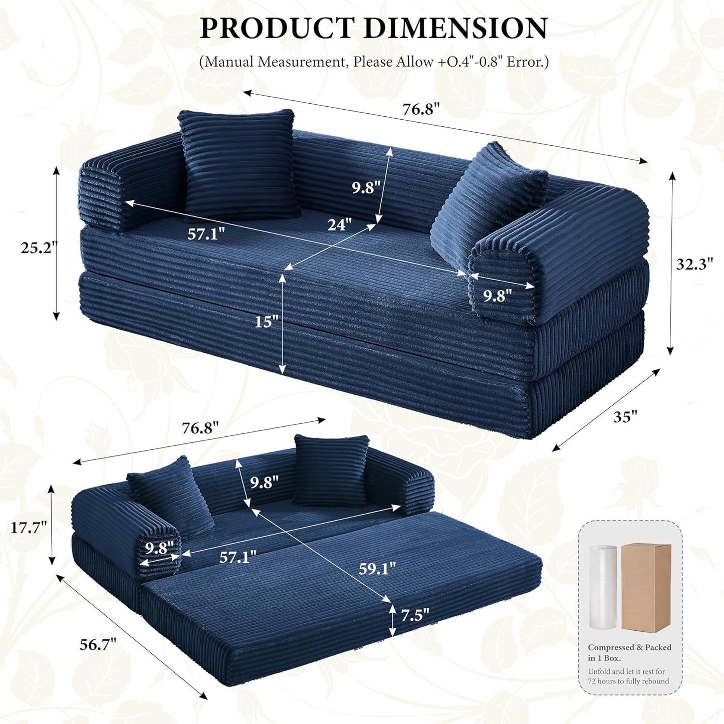 Boneless Couch Versatile Couches for Living Room No-Install Sofa Bed Corduroy Futon Soft Cloud Couch with Pillows for Bedroom Game Movie (Dark Blue, 76")